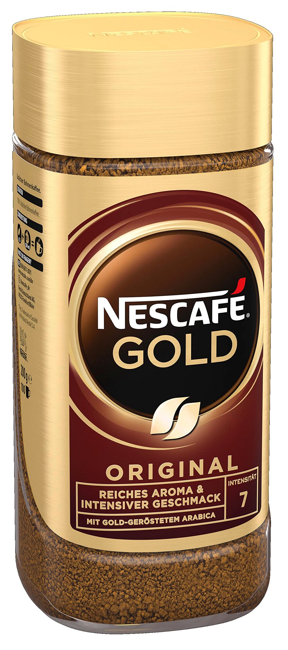 Nescafé Gold tarro frontal mostrando etiqueta clara y beneficios