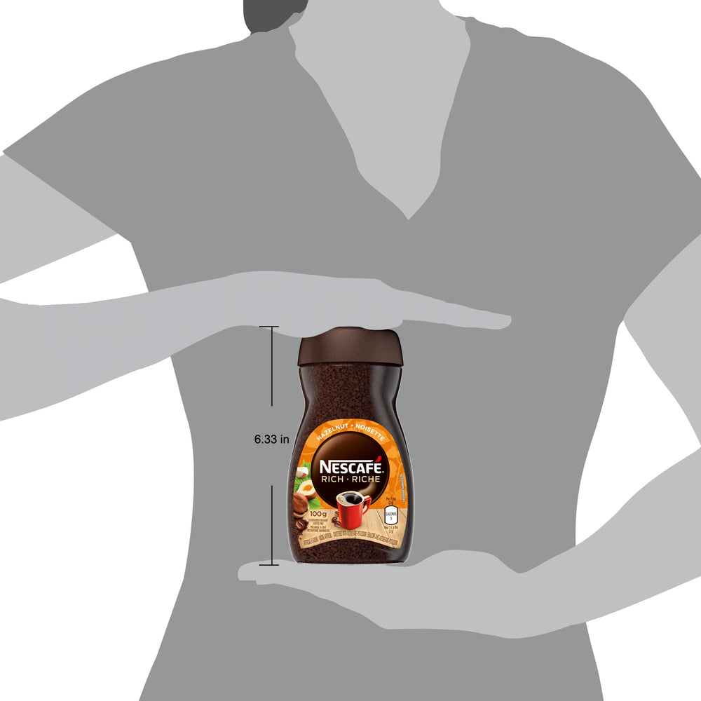 Nescafé Rich comparación de tamaño del bote 100 g para espacio