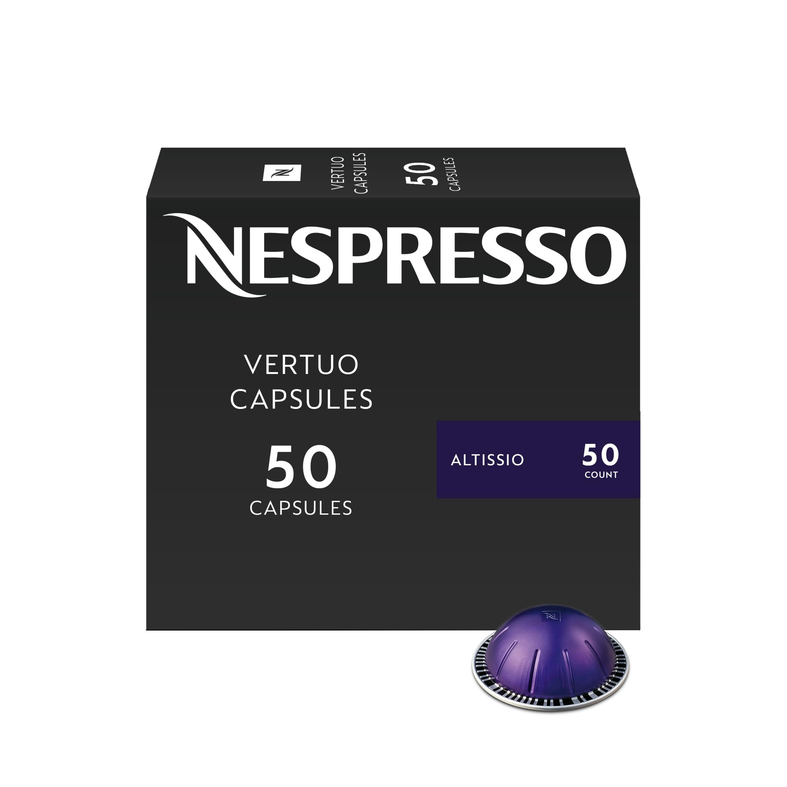 Nespresso Altissio embalaje frontal mostrando caja de 50 cápsulas y beneficio conveniencia