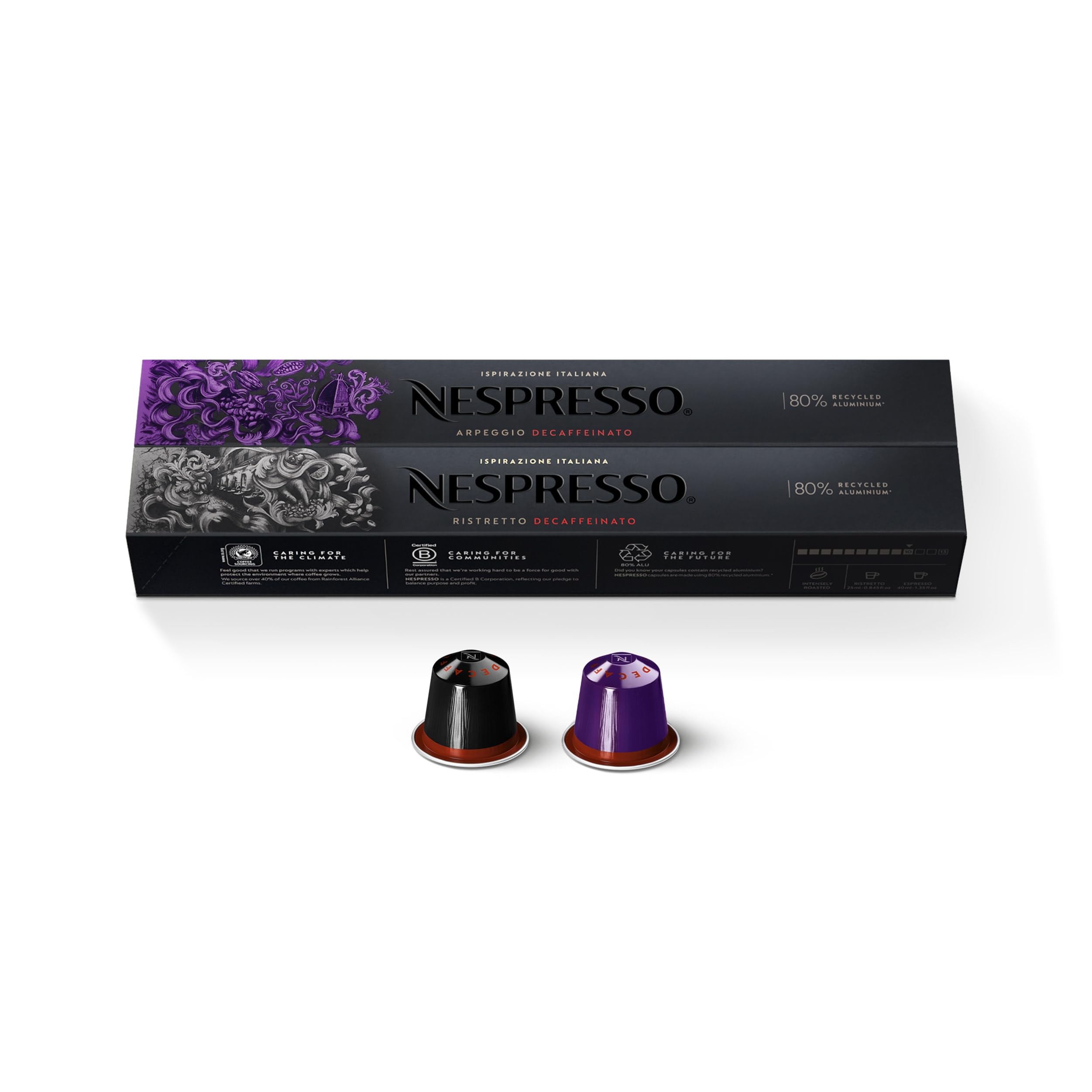 Nespresso Arpeggio Decaffeinato cápsula en primer plano, detalle y frescura