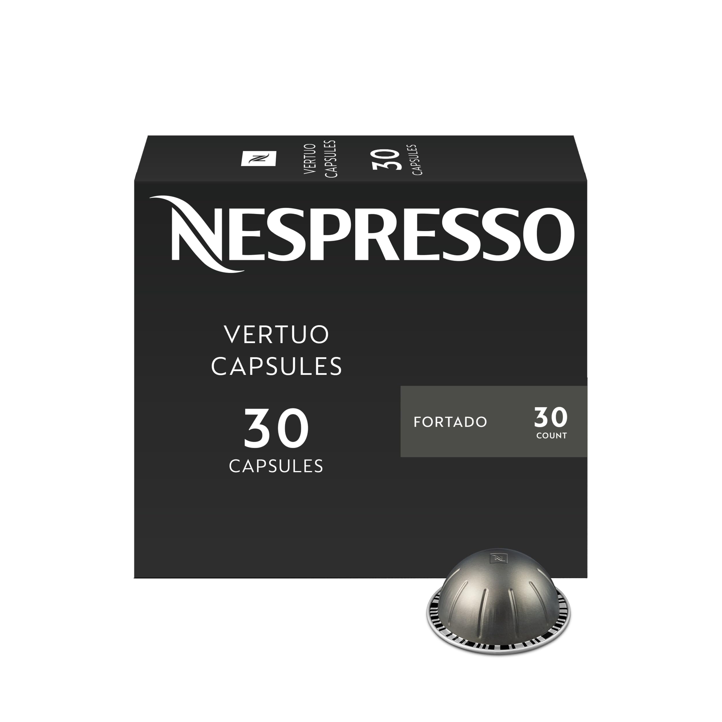 Nespresso Fortado packaging frontal mostrando diseño y caja de 30 cápsulas, atractivo visual