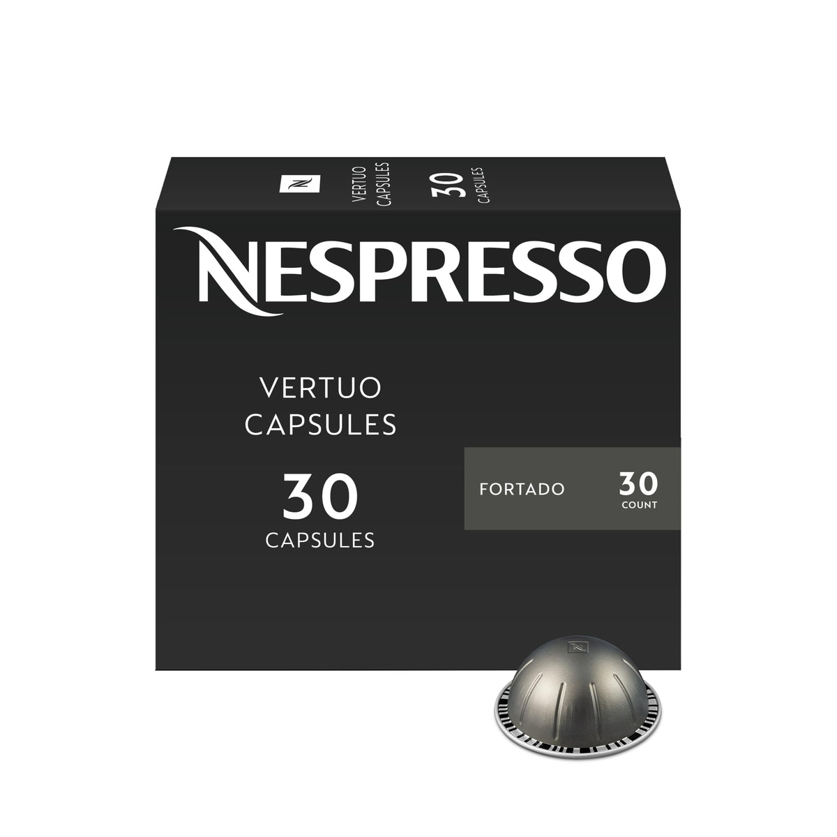 Nespresso Fortado packaging frontal mostrando diseño y caja de 30 cápsulas, atractivo visual