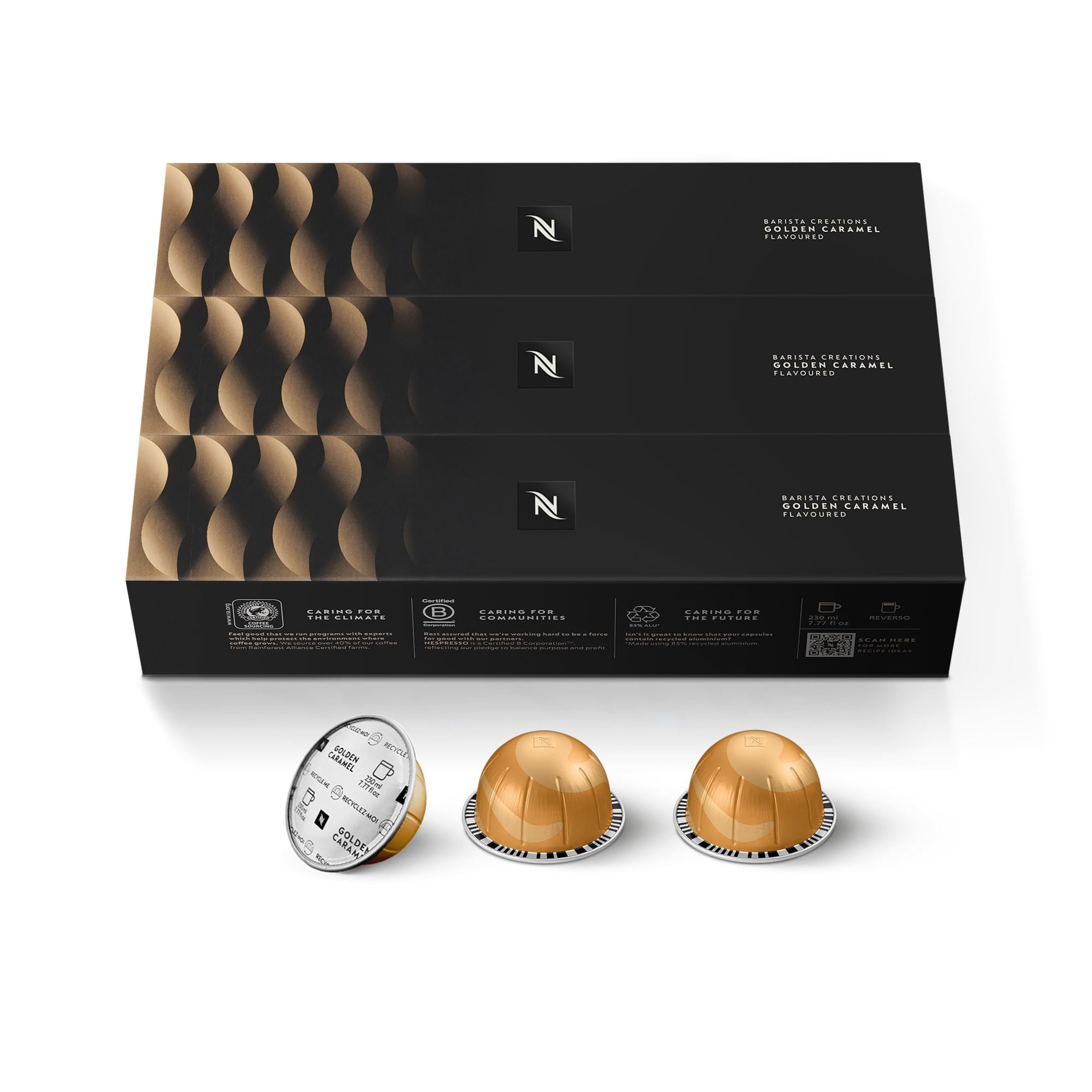 Nespresso cápsula Golden Caramel primer plano con brillo atractivo