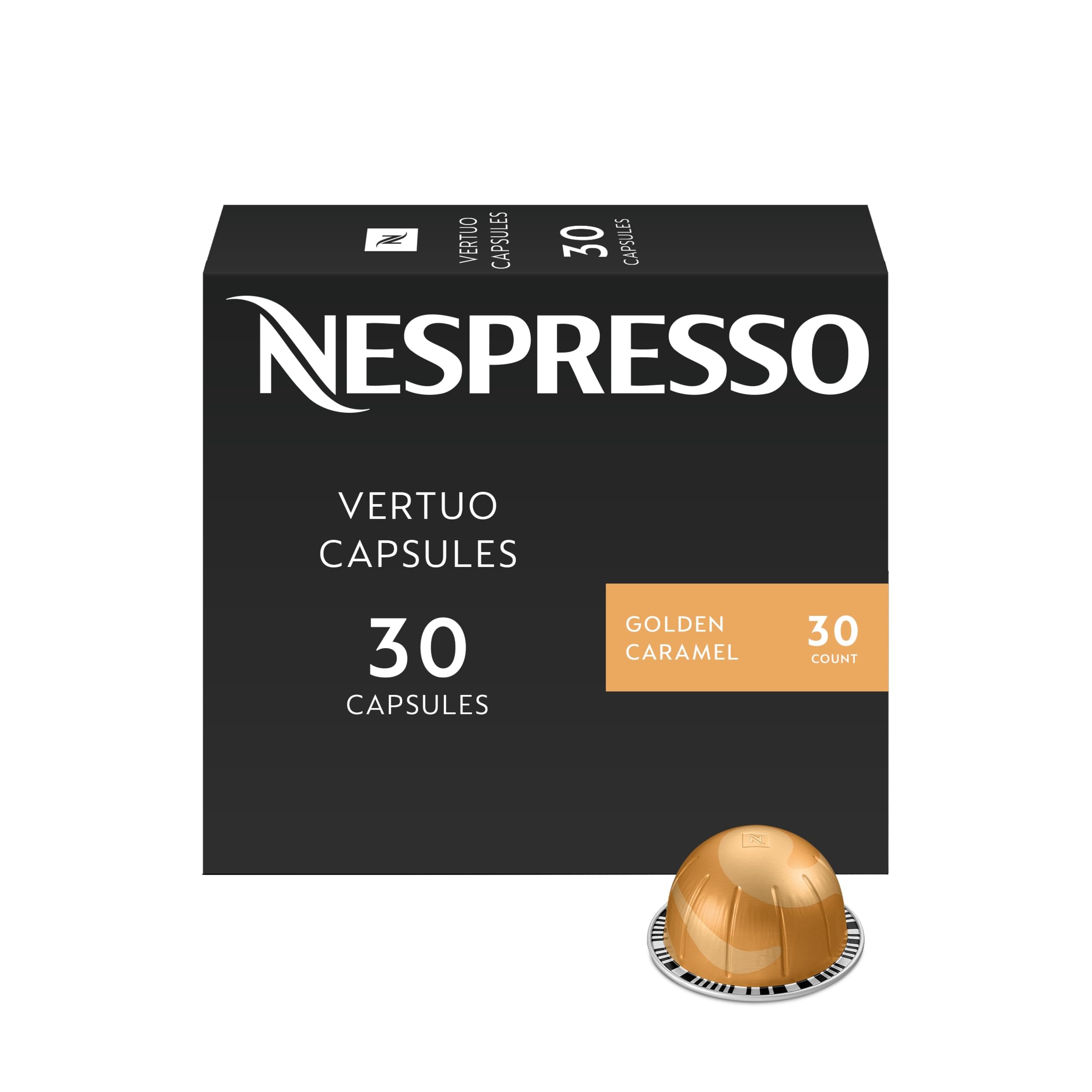 Nespresso empaque frontal mostrando 30 cápsulas y sabor caramel