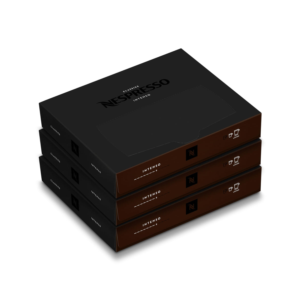 Nespresso Intenso pack frontal mostrando cajas y cantidad, óptimo para suministros