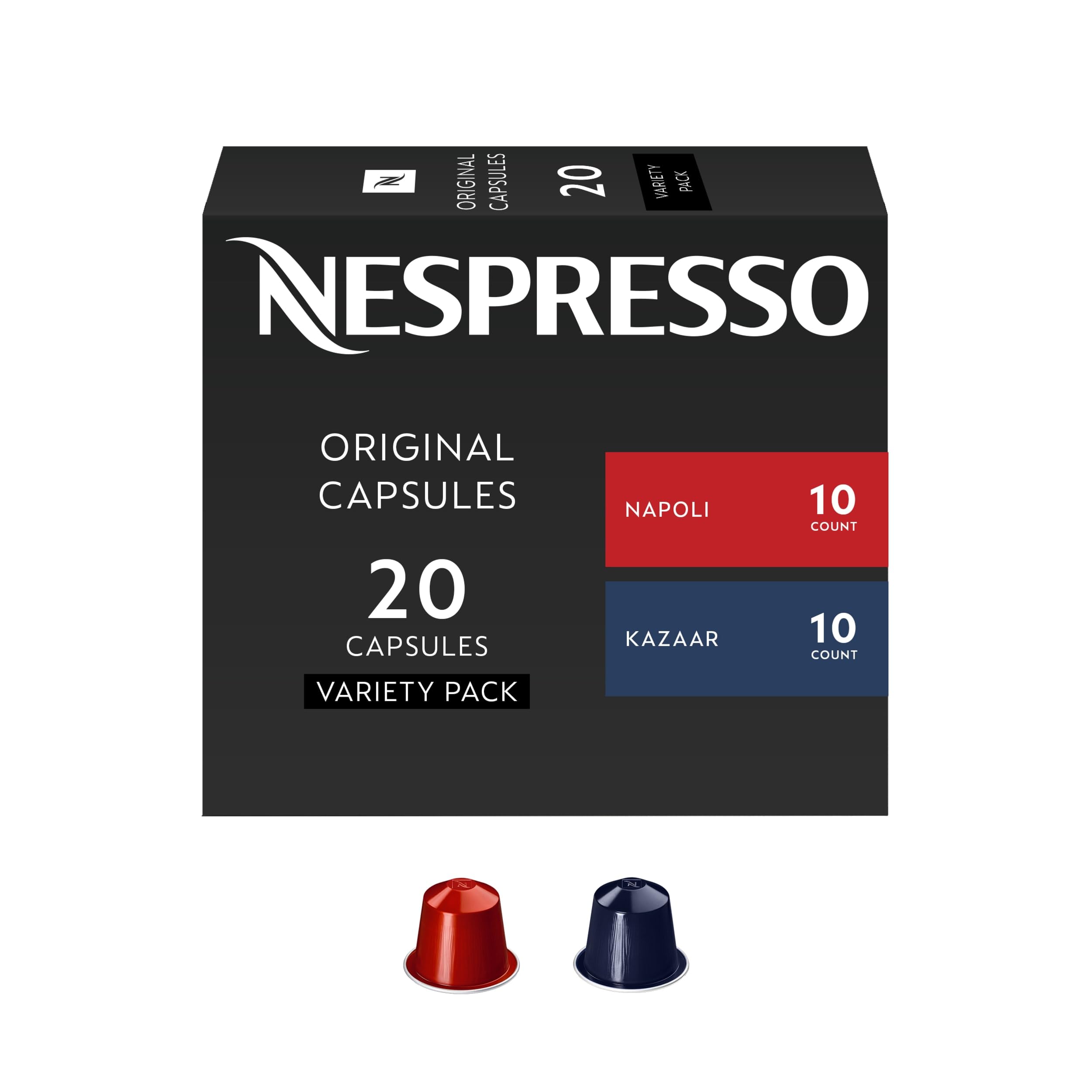Nespresso caja frontal con cápsulas Napoli y Kazaar mostrando variedad intensa
