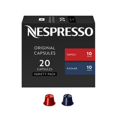 Nespresso caja frontal con cápsulas Napoli y Kazaar mostrando variedad intensa
