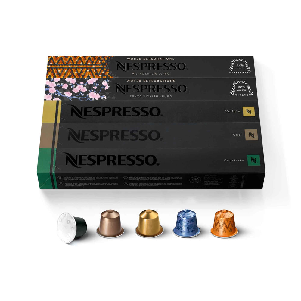 Nespresso pack frontal con 50 cápsulas muestra variedad y conveniencia