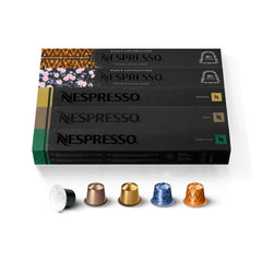 Nespresso pack frontal con 50 cápsulas muestra variedad y conveniencia