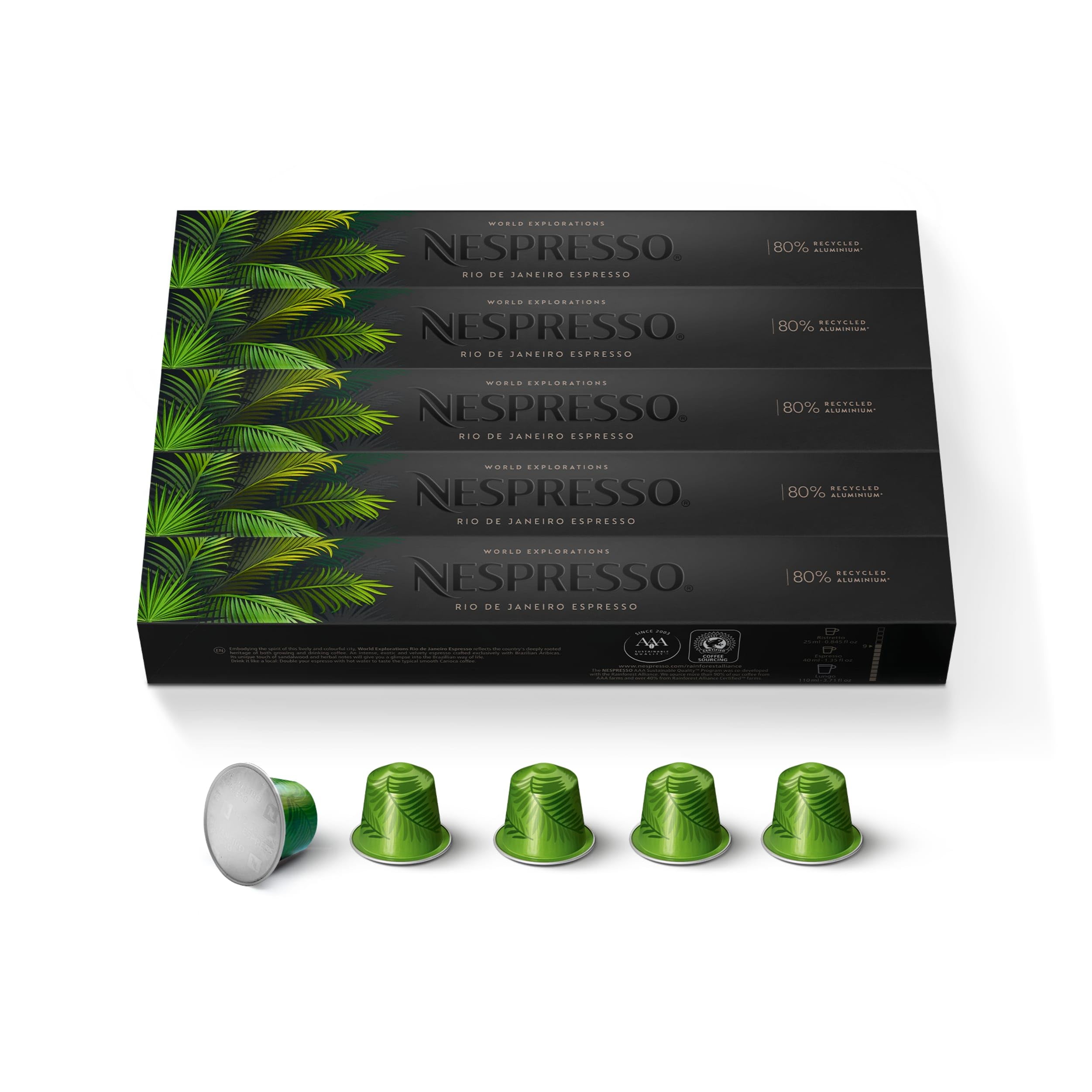 Nespresso paquete frontal mostrando 50 cápsulas, beneficio conveniencia