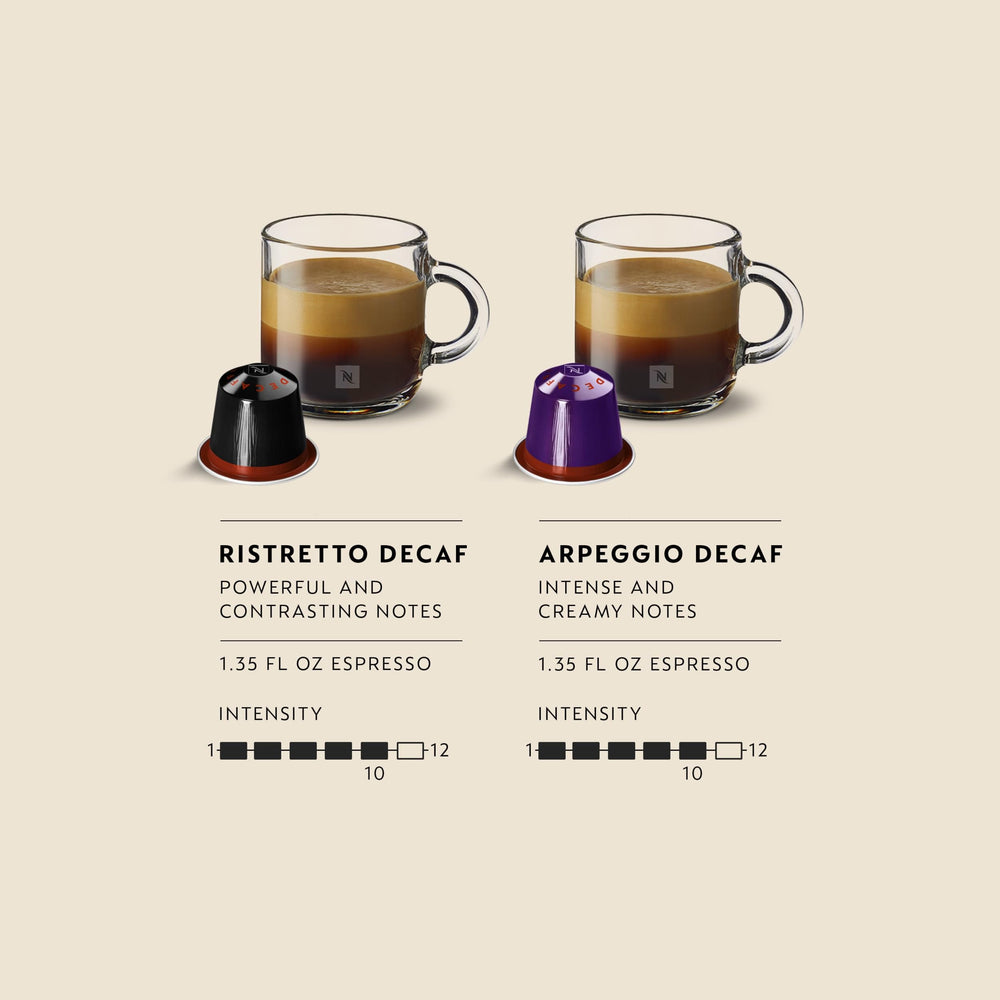 Nespresso Ristretto Decaffeinato cápsula en primer plano, intensidad visible