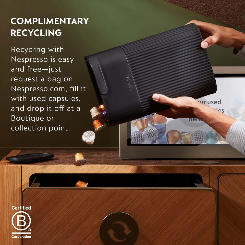 Nespresso etiqueta de sostenibilidad indicando reciclaje y compromiso social