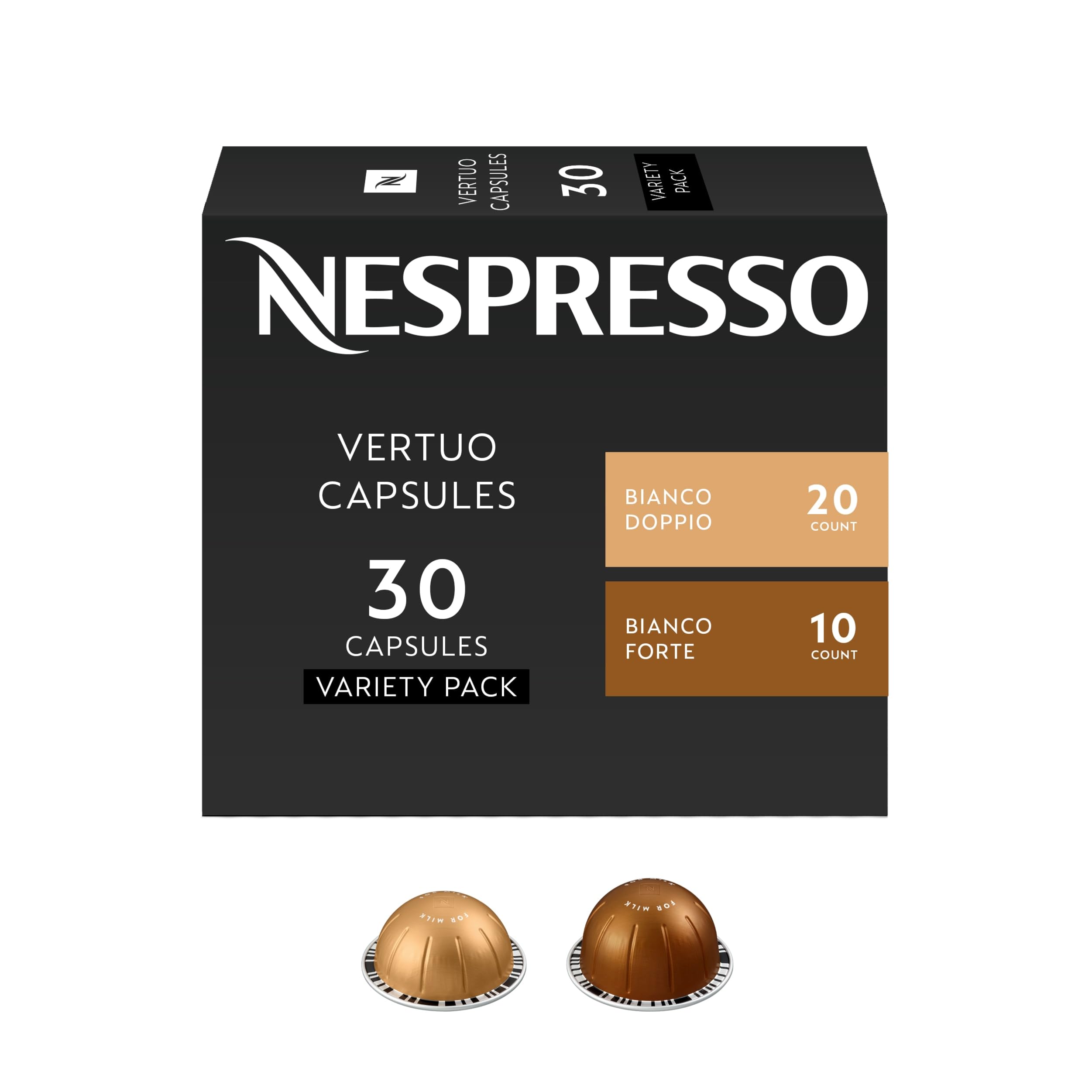 Nespresso Vertuo pack frontal mostrando 30 cápsulas y envase, variedad visible