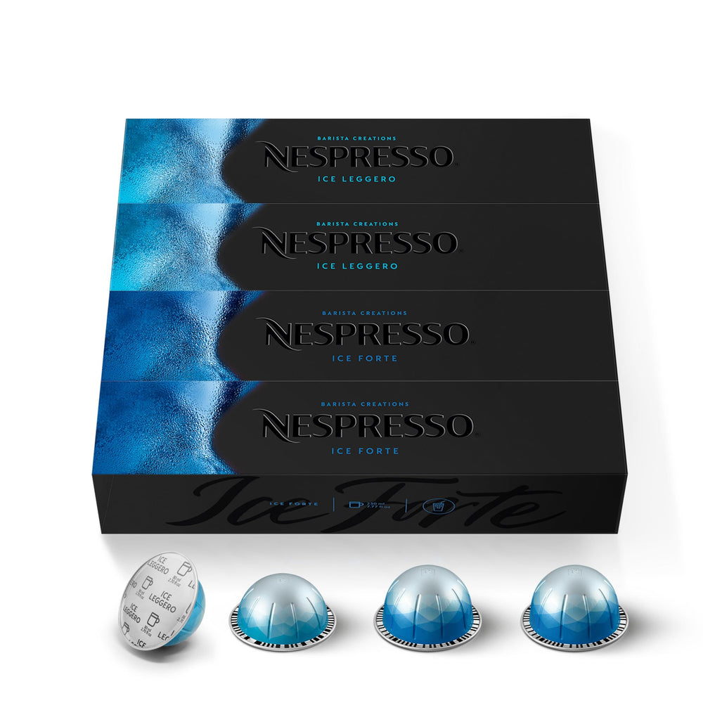 Nespresso cápsulas dispuestas en fila, variedad Ice Leggero y Ice Forte visible