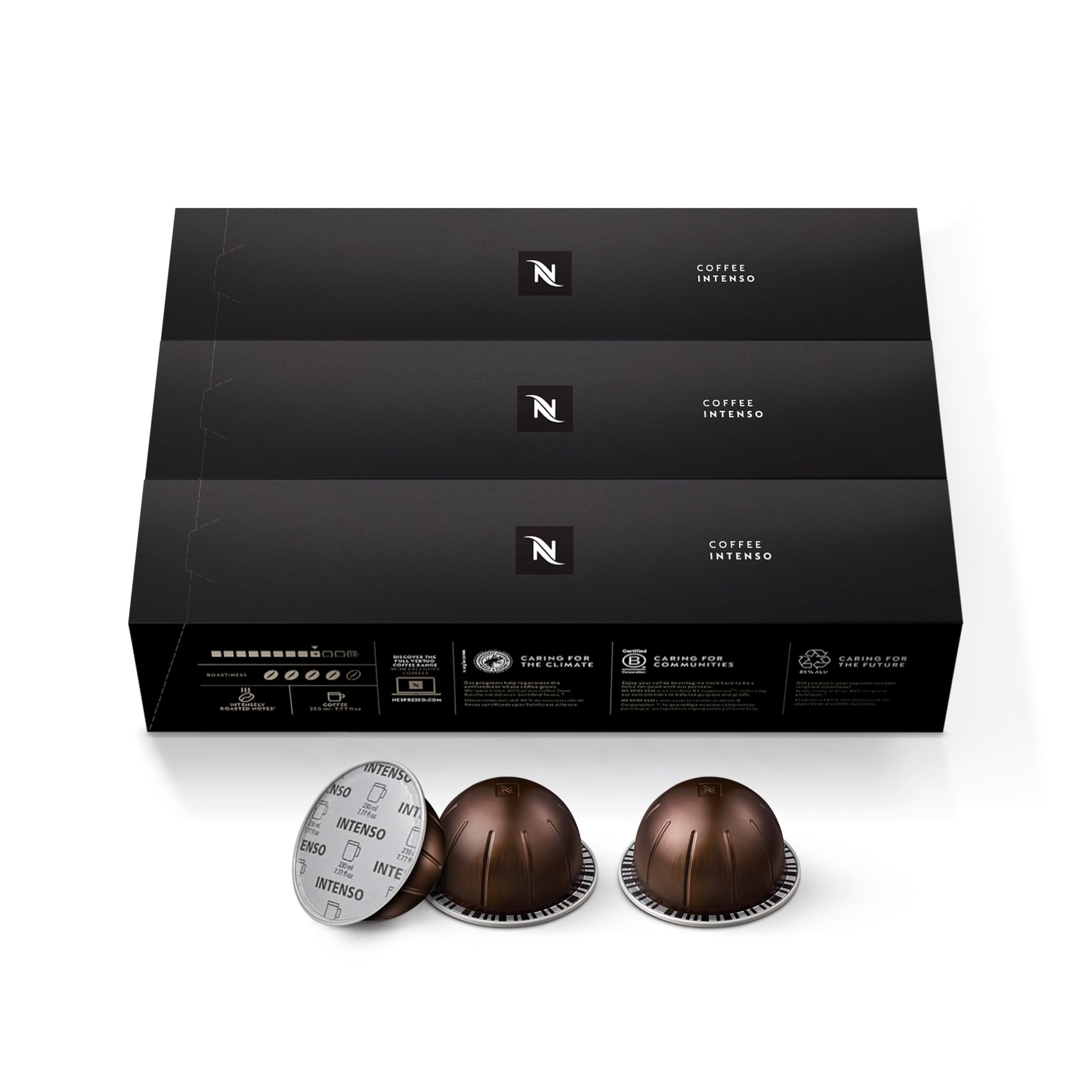 Nespresso Vertuo Intenso primer plano cápsula con textura y sello de tueste