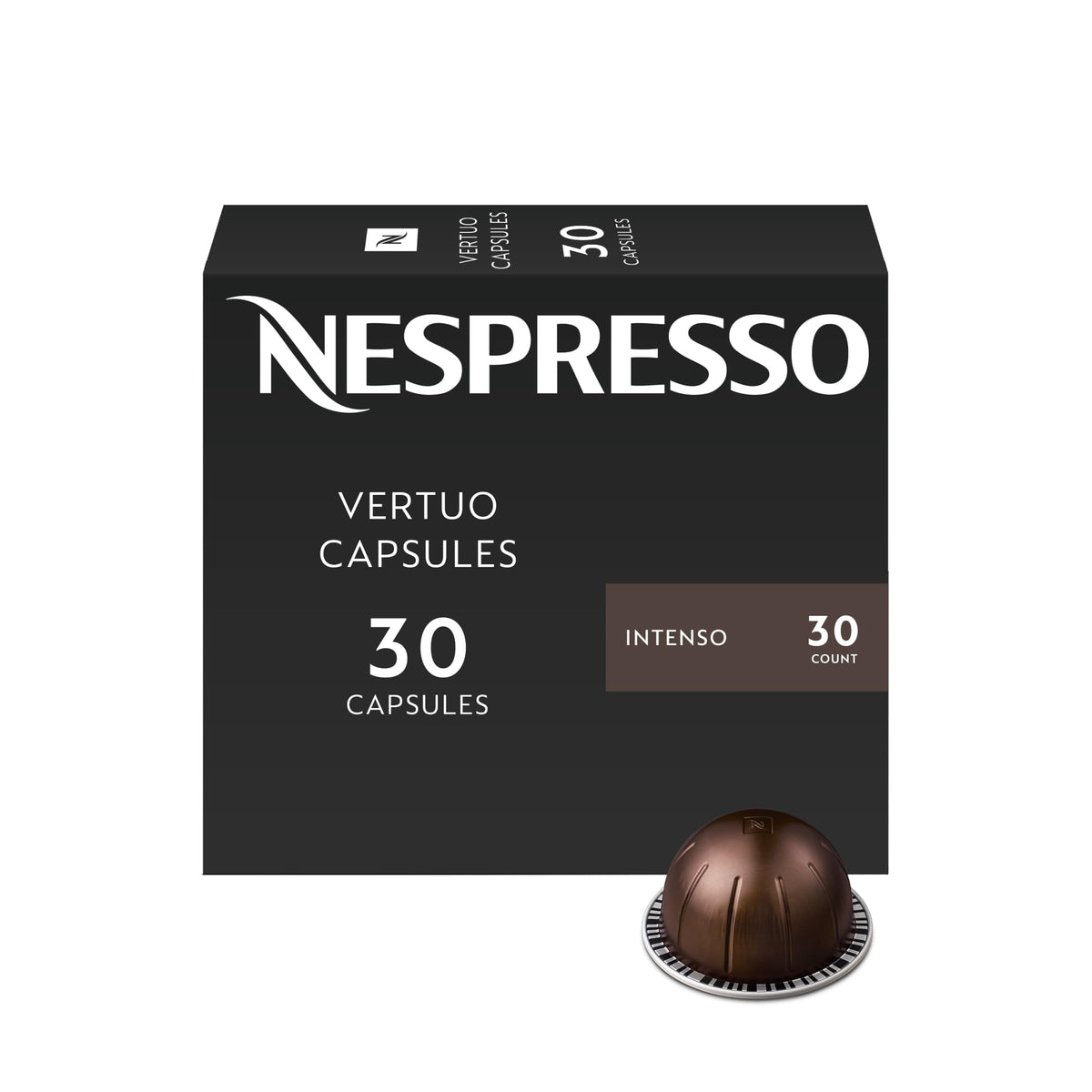Nespresso Vertuo Intenso pack frontal mostrando 30 cápsulas y beneficios