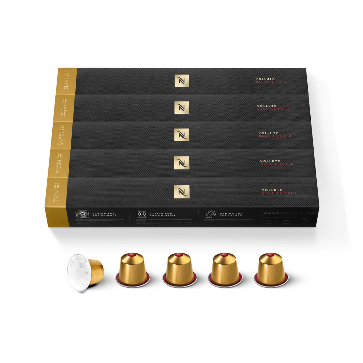 Nespresso Volluto Decaffeinato caja frontal mostrando 50 cápsulas y beneficios