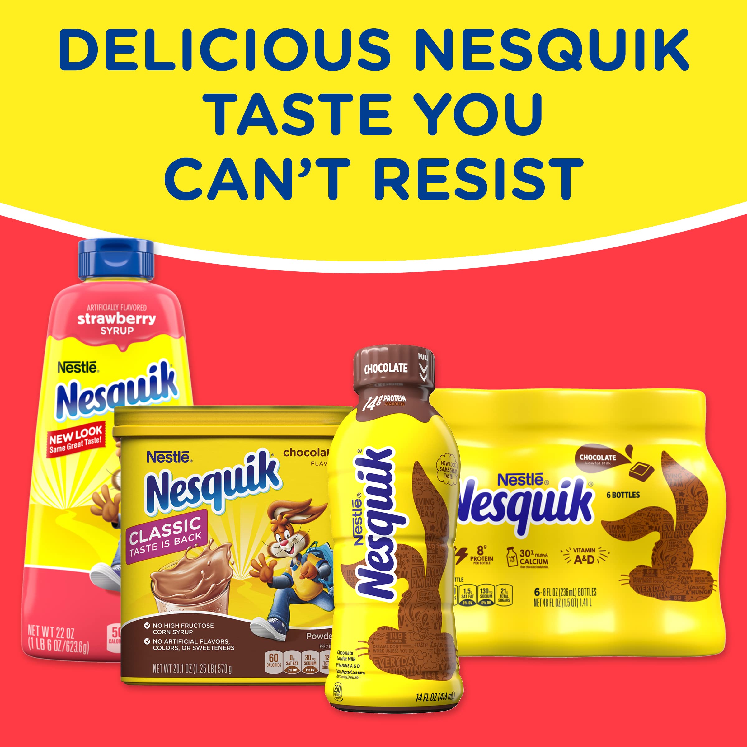 Nesquik etiqueta del producto indicando sin jarabe alto en fructosa y colores naturales