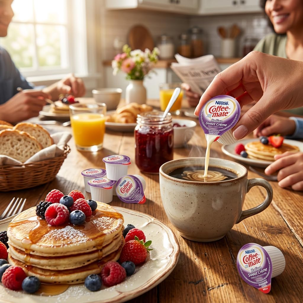 Nestlé Coffee mate vertiendo cup en taza, facilita preparar bebidas