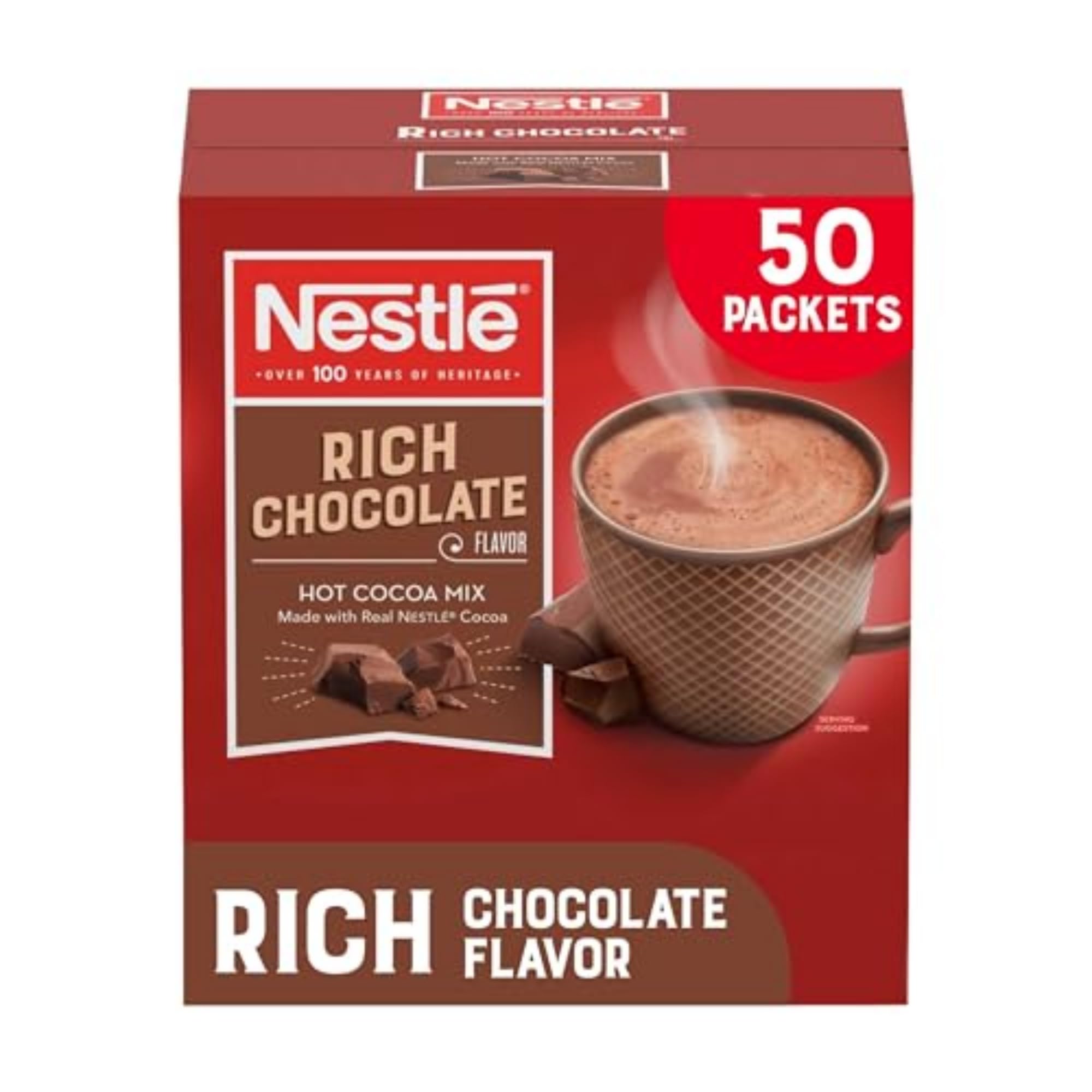 Nestle Hot Cocoa empaque frontal, presenta 50 sobres prácticos para servir rápido
