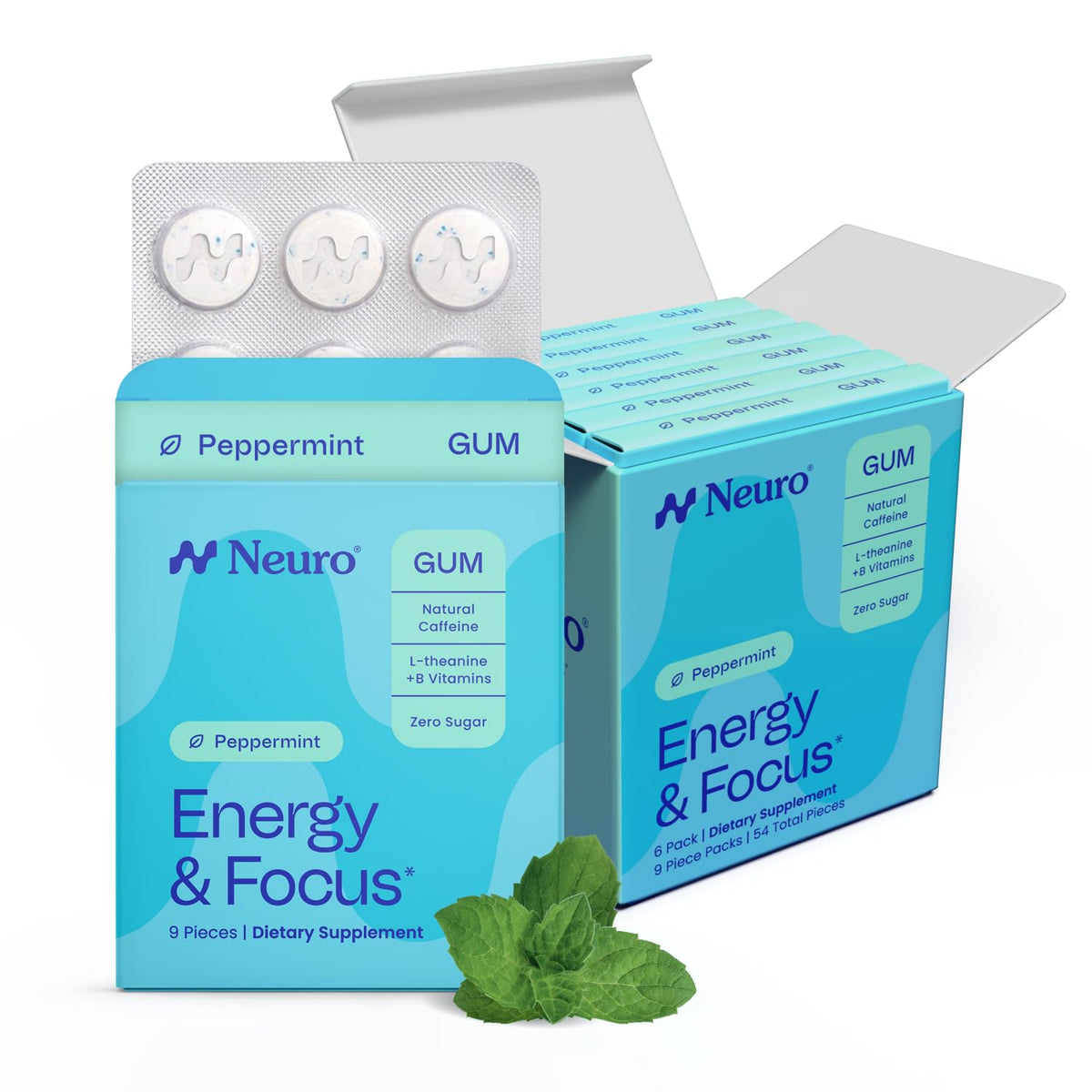 Neuro chicle frontal sabor menta, presentación clara y portátil