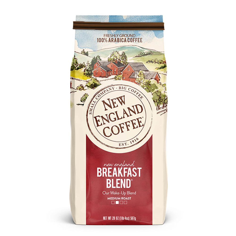 New England Coffee empaque frontal 20 oz mostrando la marca y beneficios
