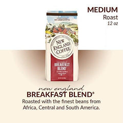 New England Coffee etiqueta con información de tueste y origen para confianza