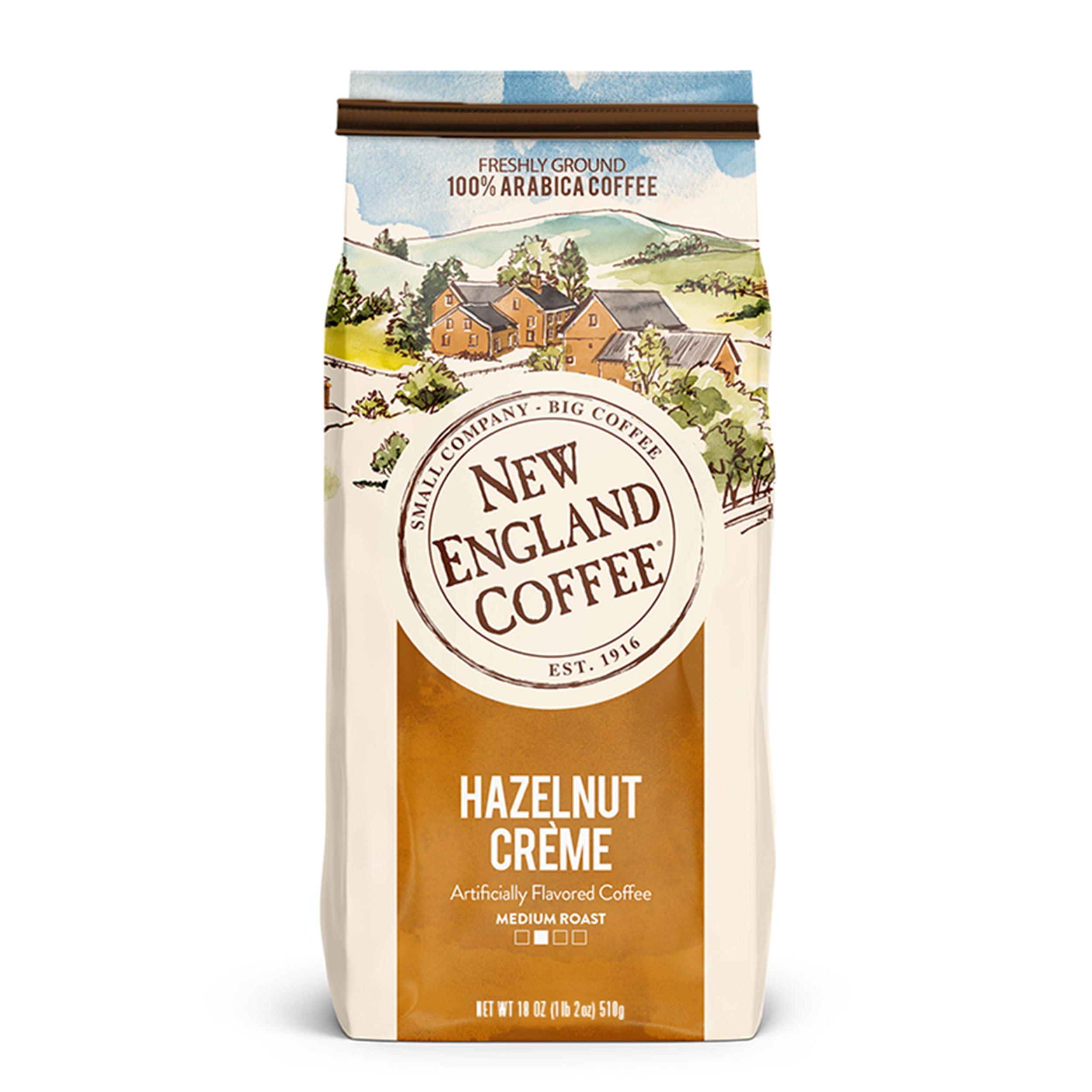 New England Coffee paquete frontal mostrando 18 oz y sabor avellana