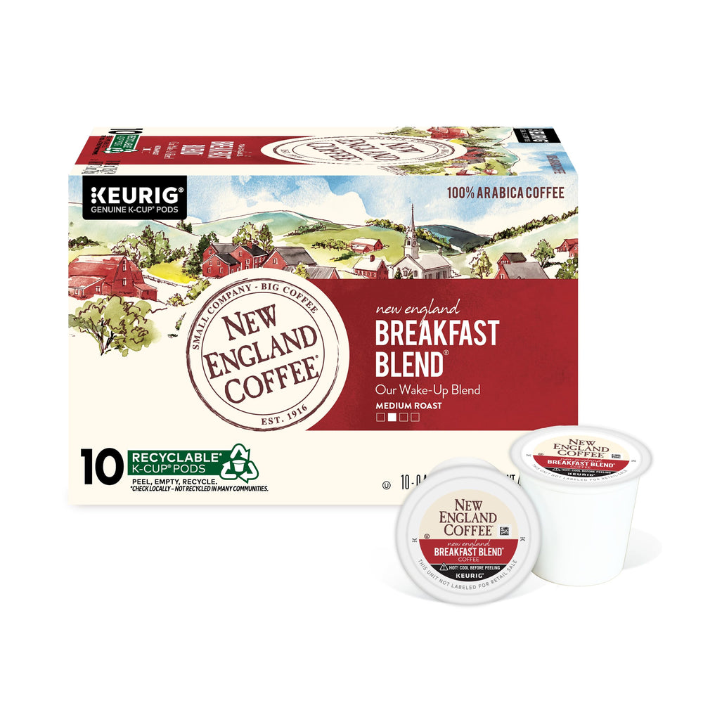 New England Coffee frontal del empaque muestra 10 cápsulas y ventaja de frescura