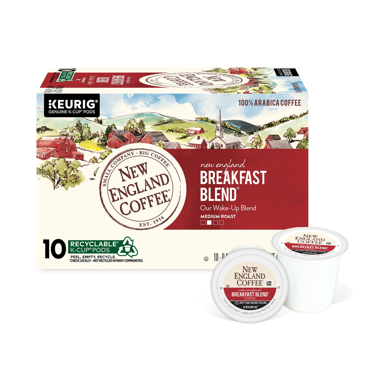 New England Coffee frontal del empaque muestra 10 cápsulas y ventaja de frescura