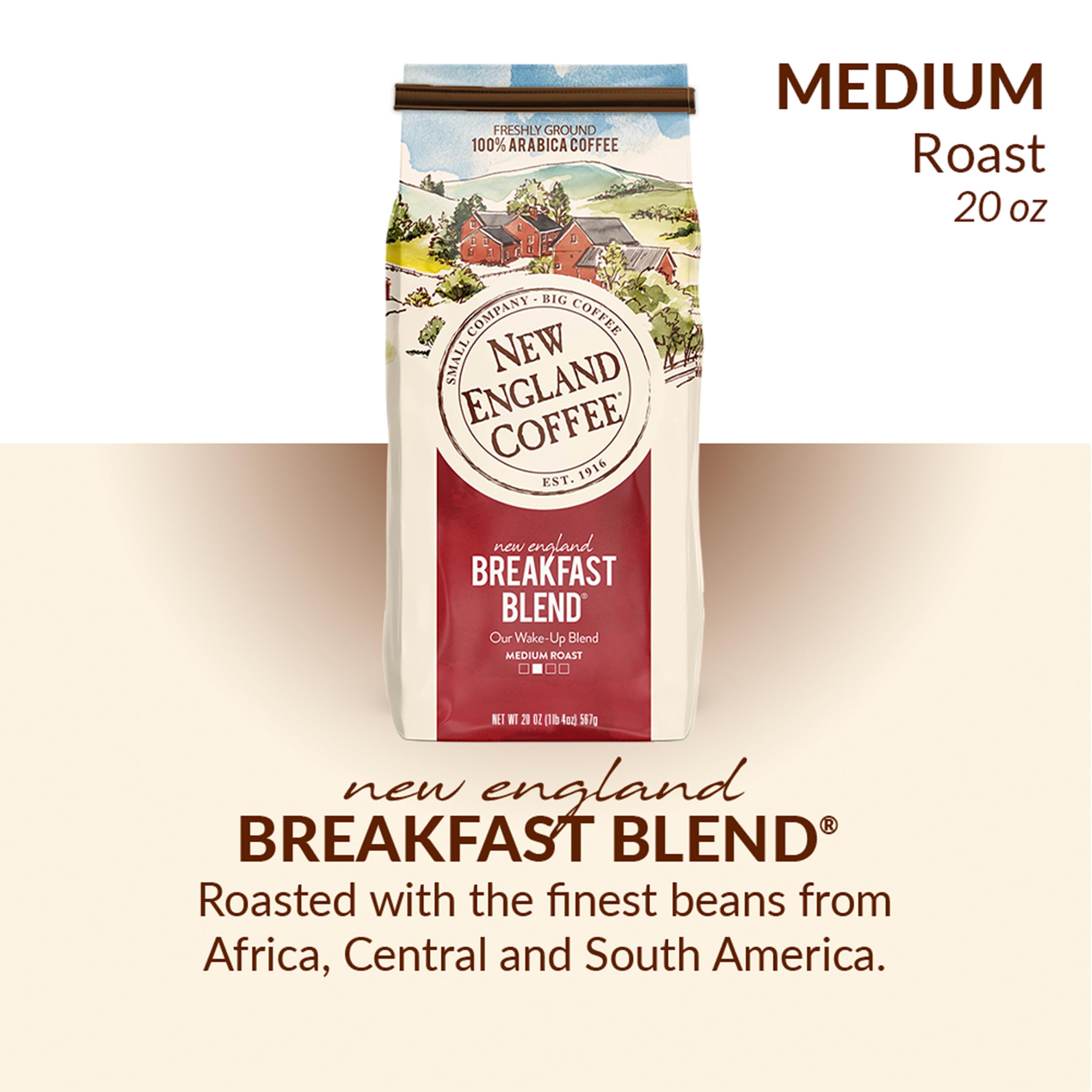 New England Coffee primer plano del café molido resaltando textura y frescura