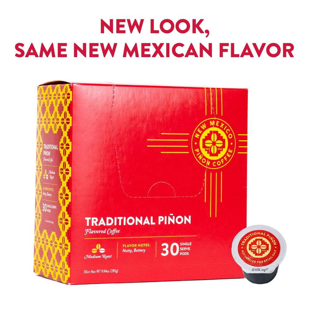 New Mexico Piñon etiqueta con ingredientes destacando 100% Arabica beneficio transparencia