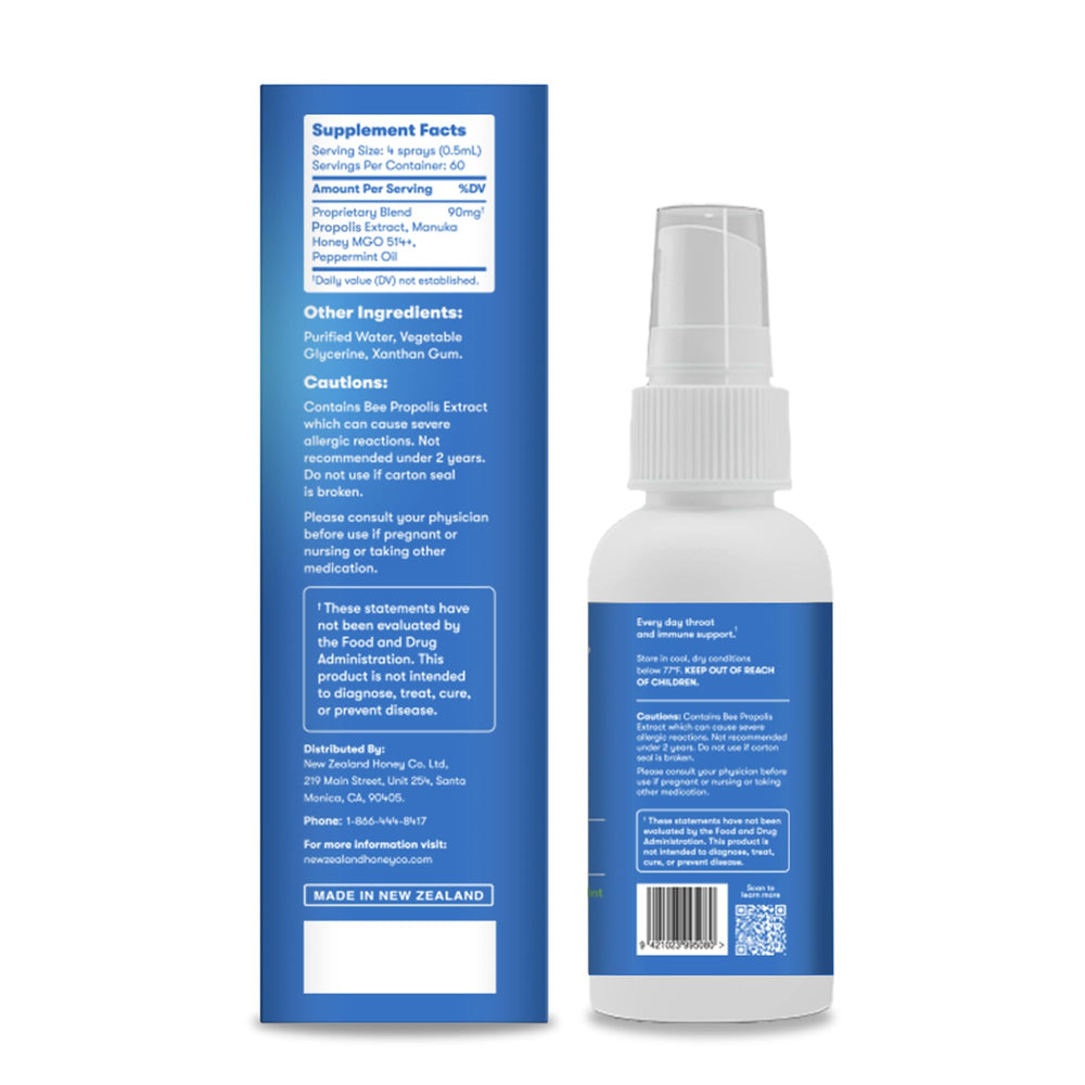 NEW ZEALAND HONEY CO spray con hoja de menta resaltando frescura natural