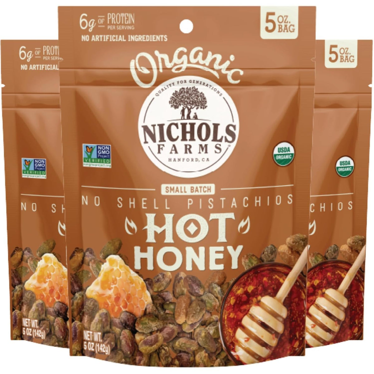 Nichols Farms paquete frontal que muestra pistachos Hot Honey y conveniencia