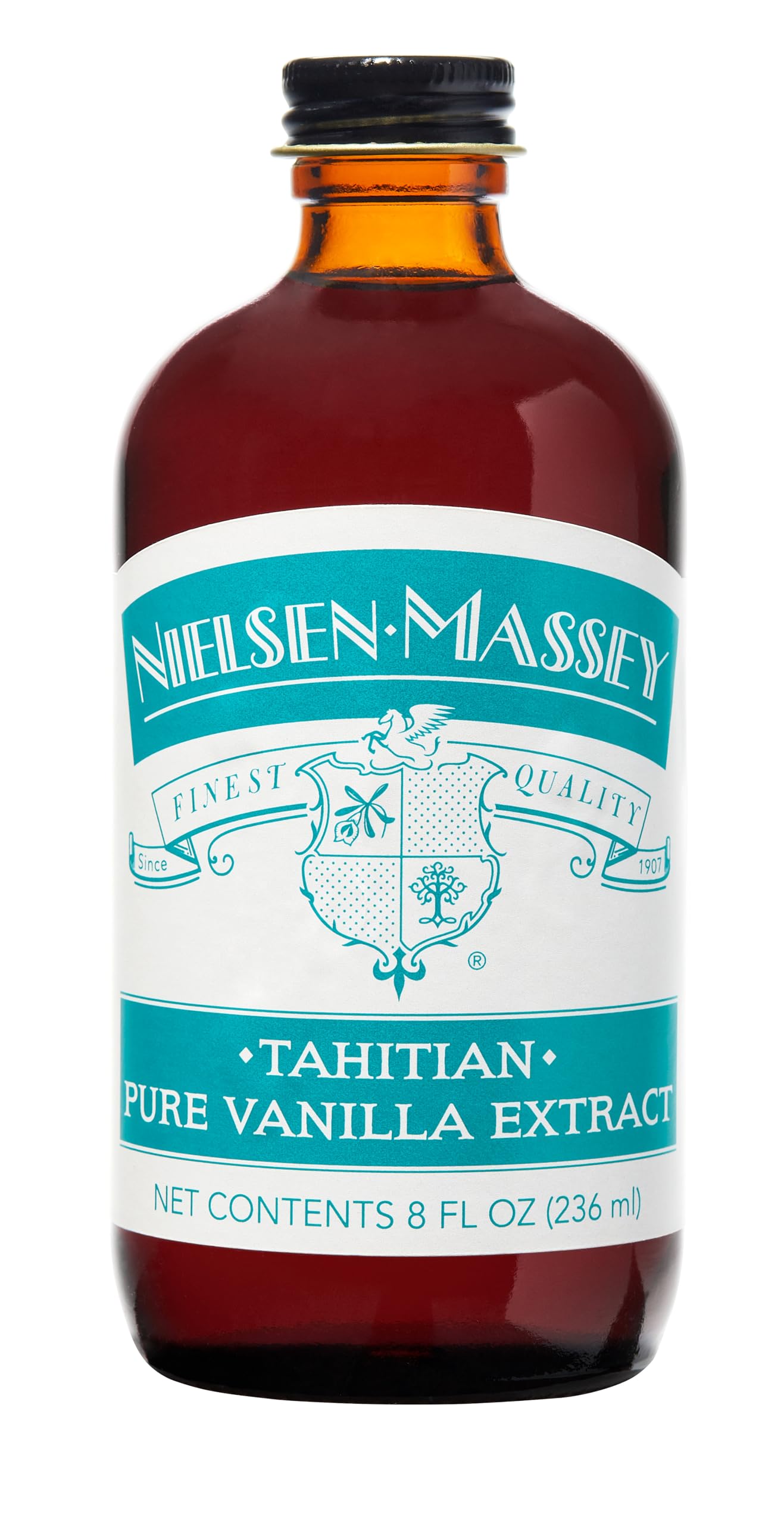 Nielsen-Massey botella frontal mostrando etiqueta y beneficio aromático