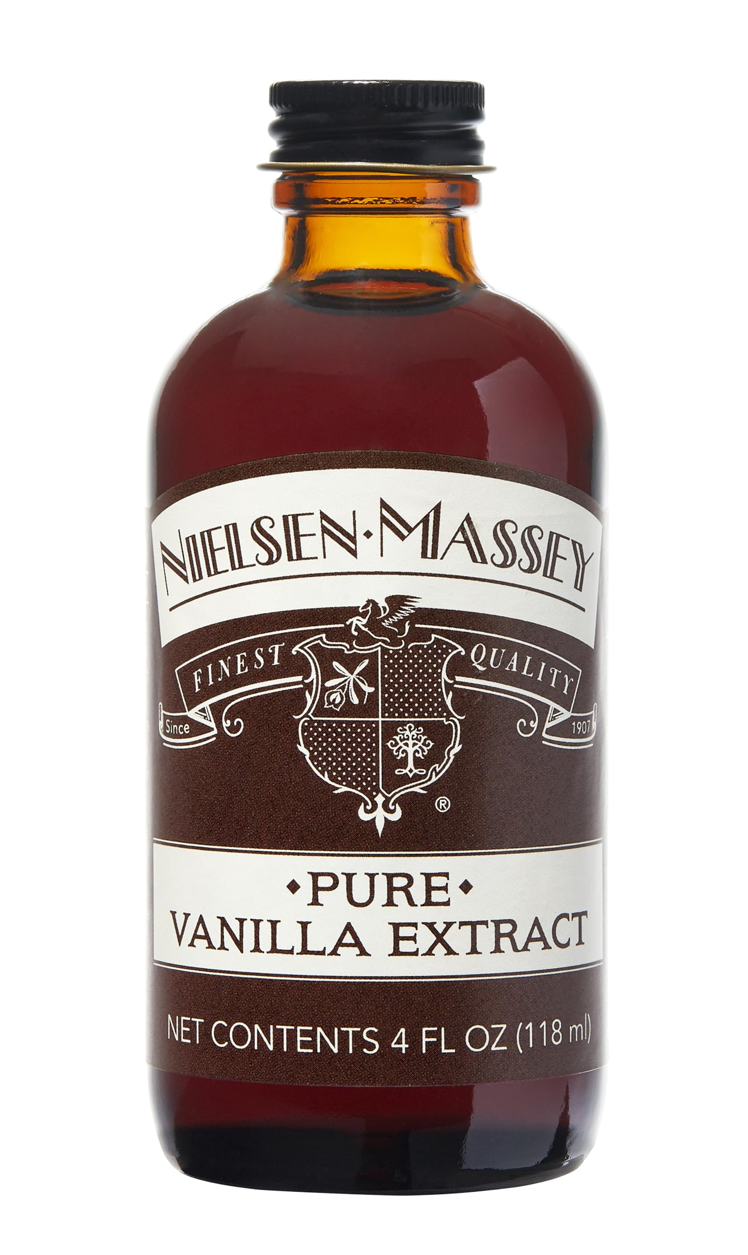 Nielsen‑Massey botella de 4 oz al frente, extracto puro que realza recetas