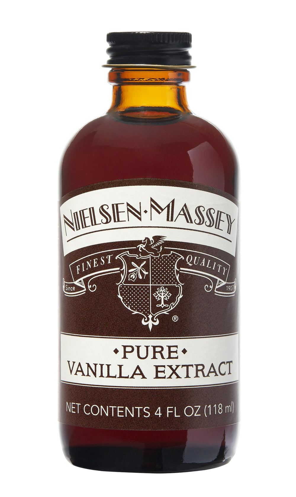 Nielsen‑Massey botella de 4 oz al frente, extracto puro que realza recetas