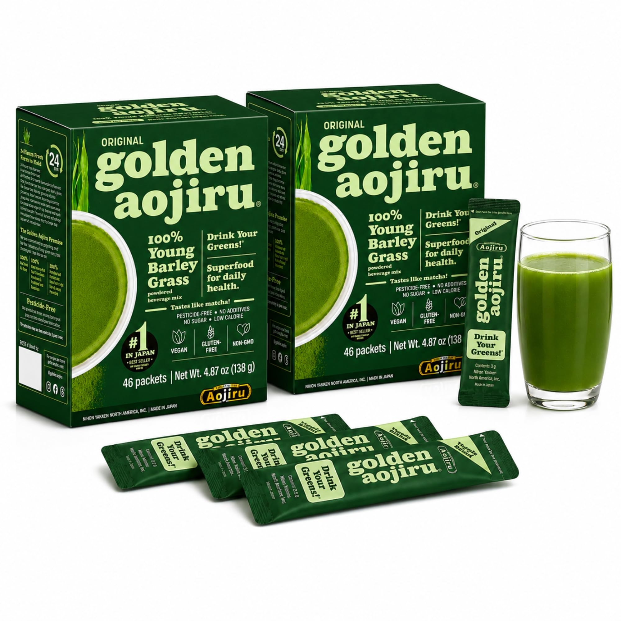 NIHON YAKKEN caja Golden Aojiru frontal mostrando doble pack y marca