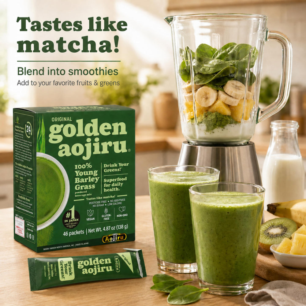 NIHON YAKKEN smoothie verde con Golden Aojiru para sabor y color natural