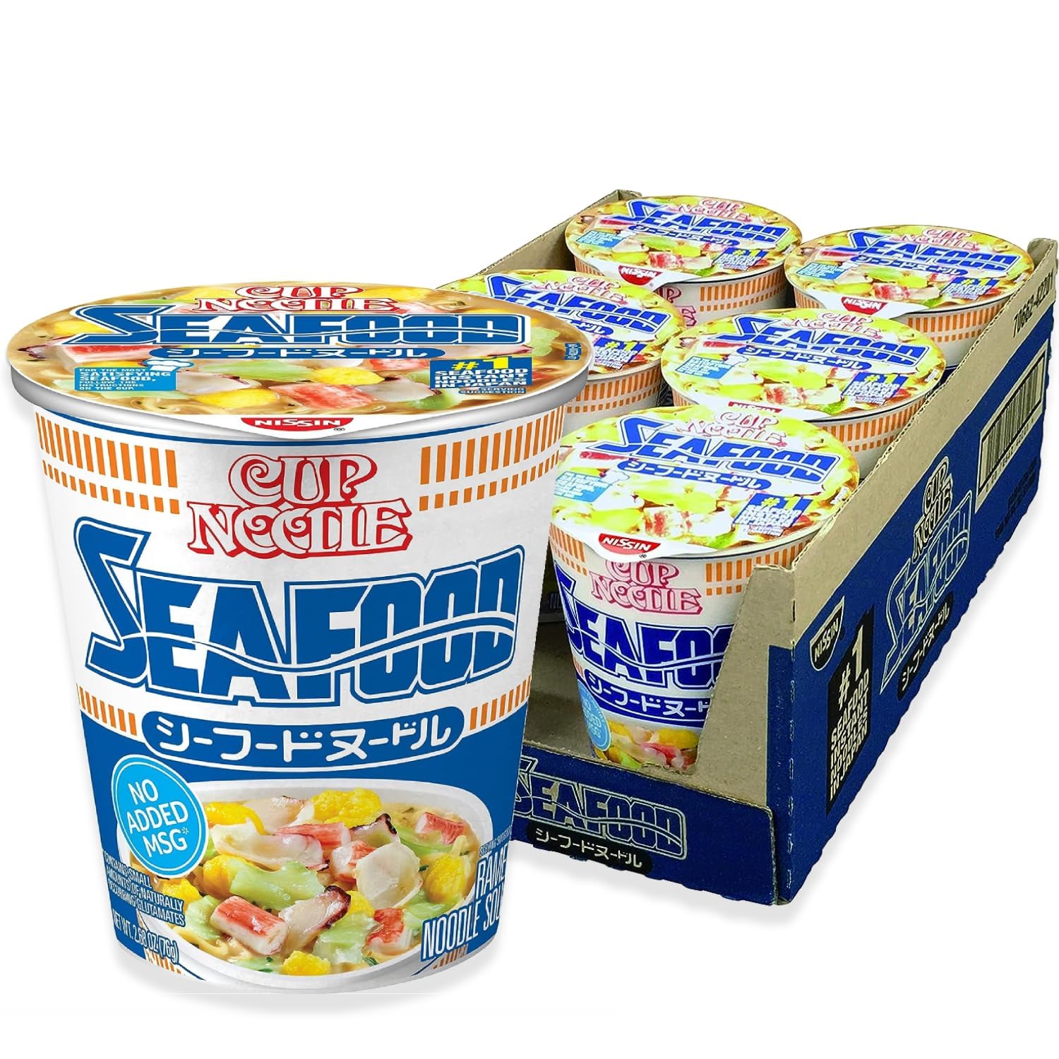 NISSIN taza frontal del envase mostrando marca y sabor Seafood, práctica para llevar