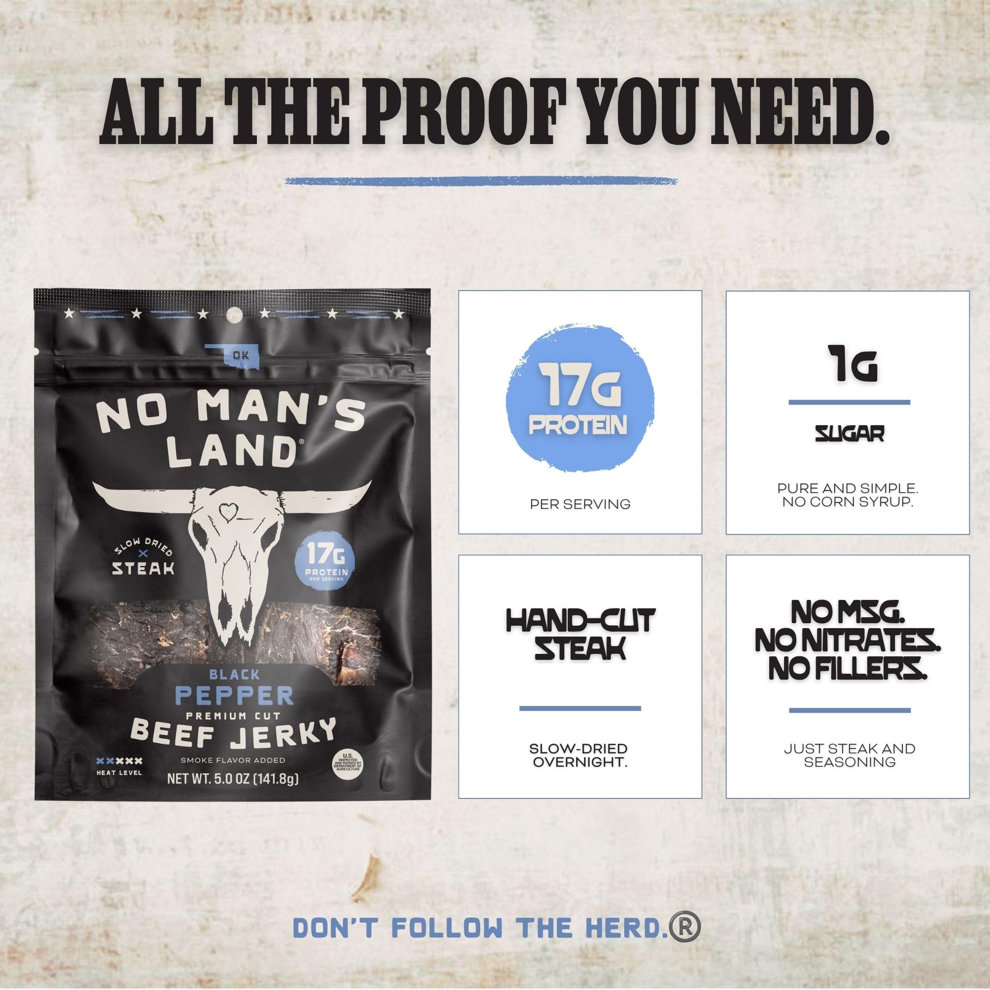 No Mans Land tiras de jerky Black Pepper detalle de corte a mano