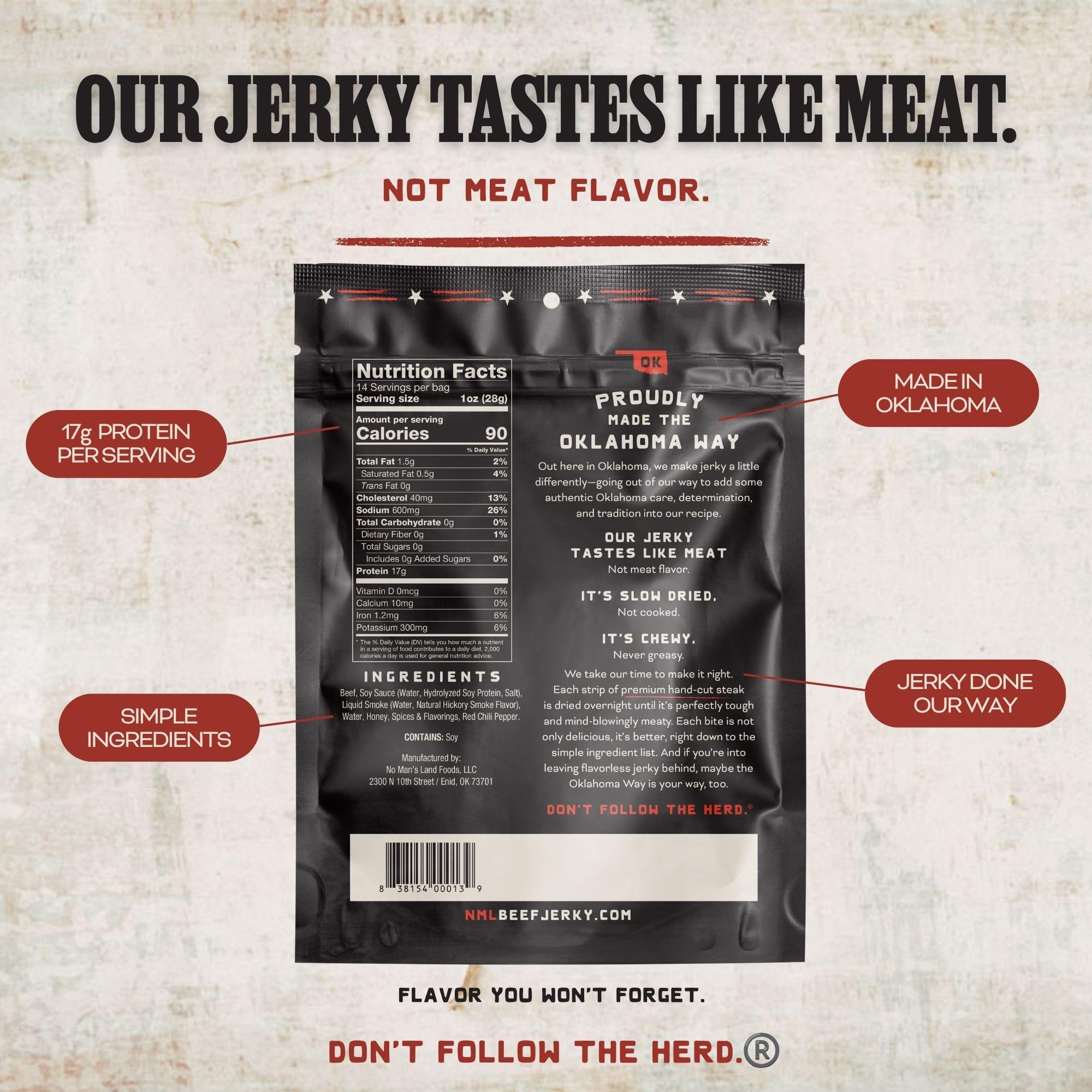 No Man's Land corte de carne cruda al lado del jerky reforzando calidad
