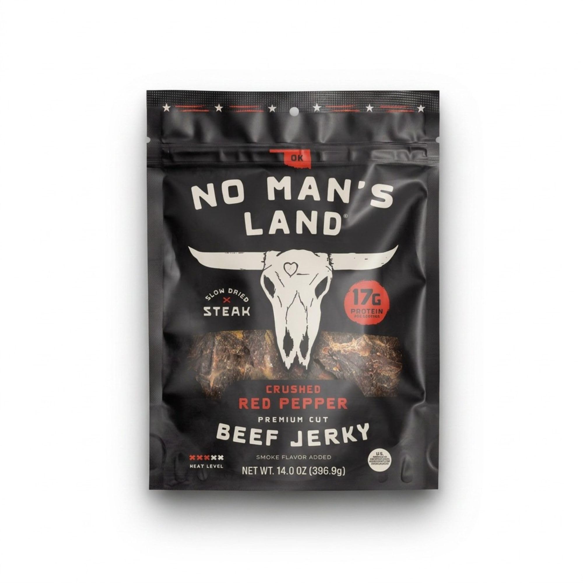 No Man's Land frente del empaque mostrando 14 oz y beneficios claros