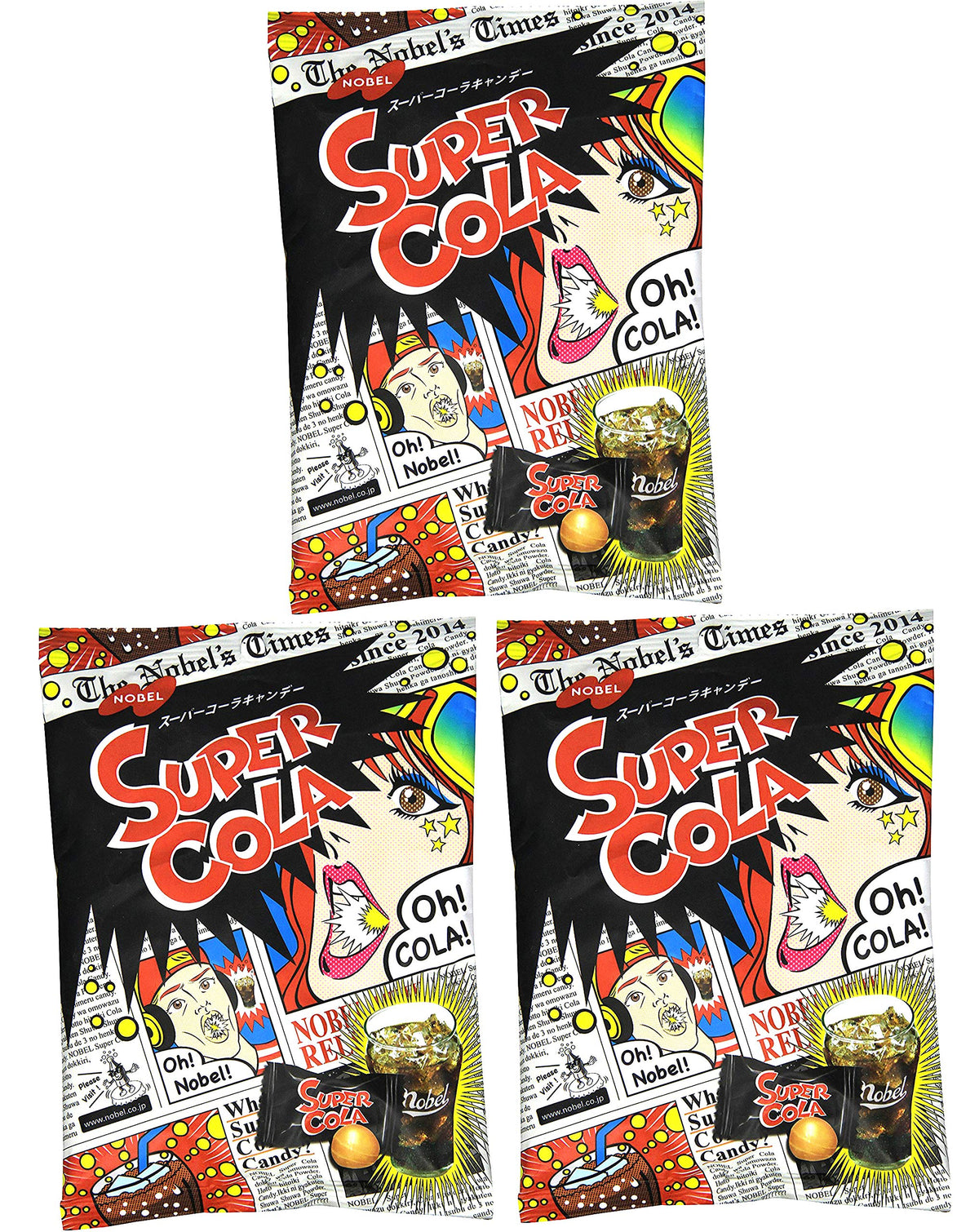 ノーベル paquete frontal Nobel Super Cola Candy muestra diseño Pop‑Art y conveniencia