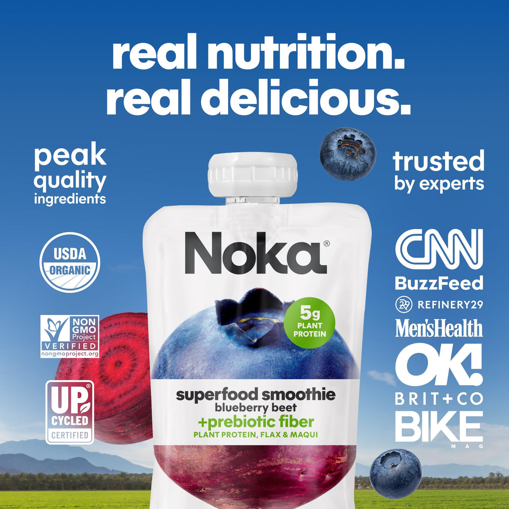 NOKA etiqueta nutricional enfocada en proteínas y fibra prebiótica por porción