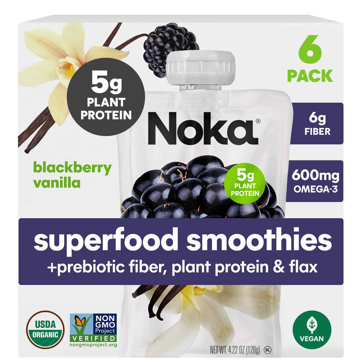 NOKA empaque frontal sabor mora vainilla que muestra diseño y beneficios