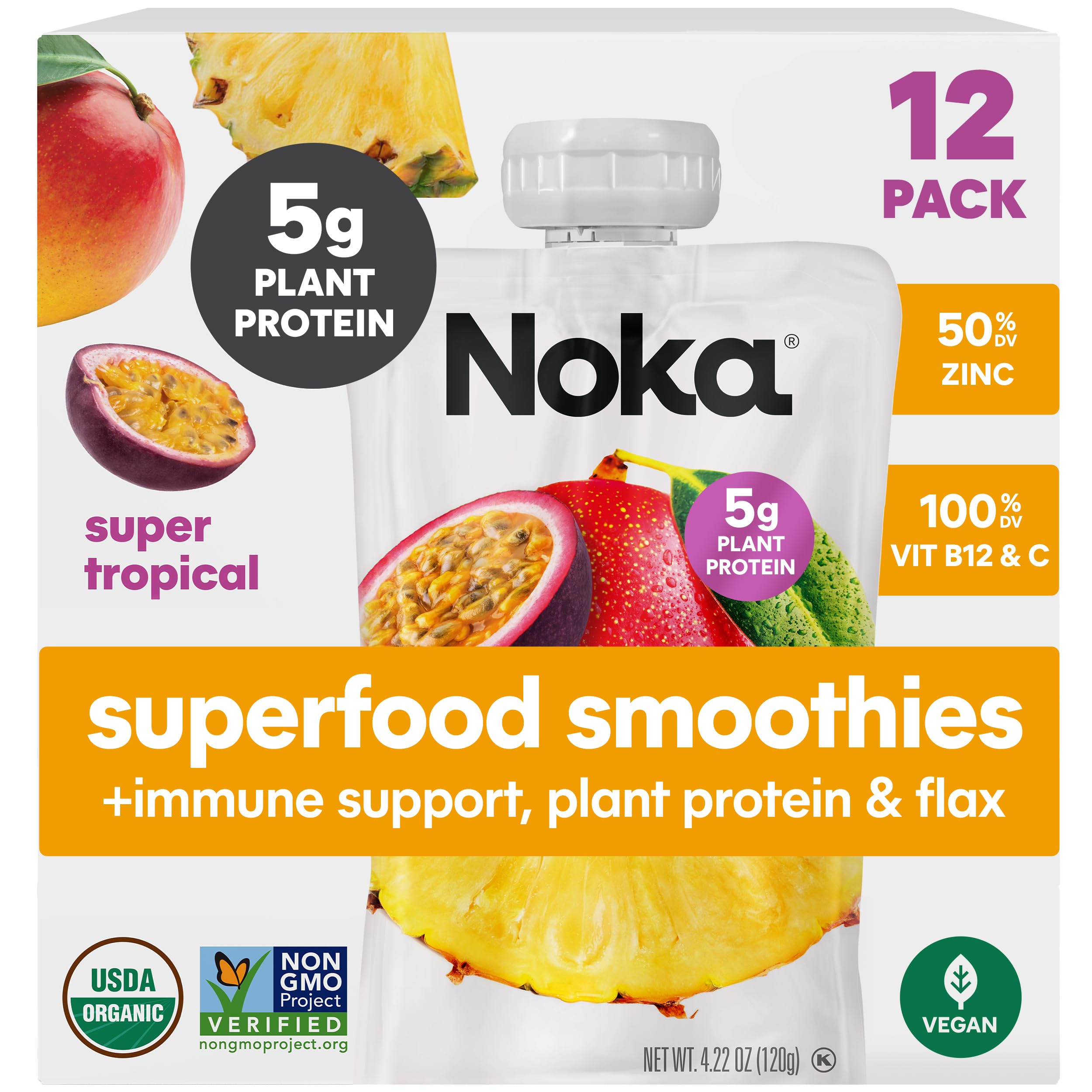 NOKA frente del empaque mostrando 12 pouches y conveniencia portátil