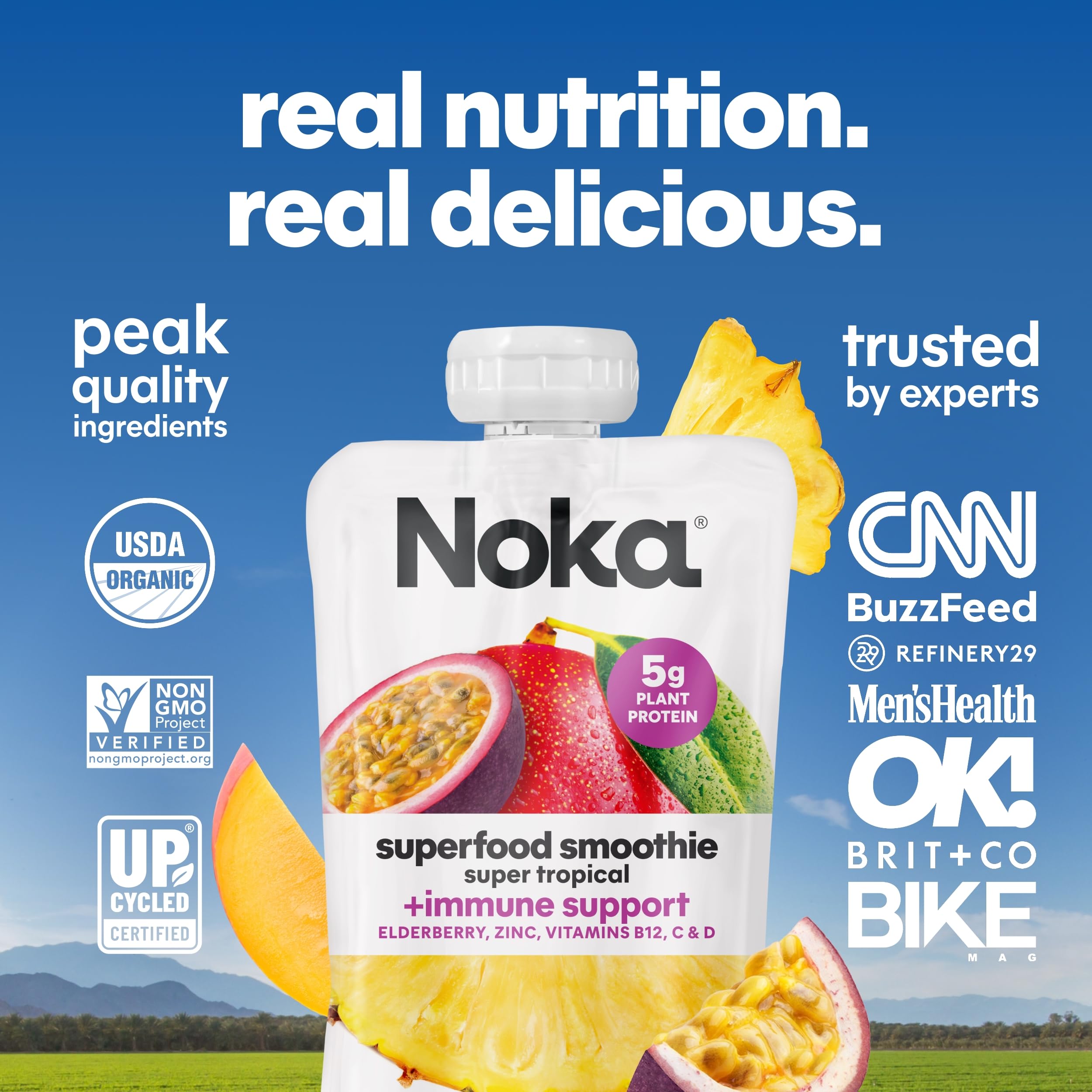 NOKA ingredientes naturales (mango, maracuyá, piña, plátano) resaltando origen orgánico