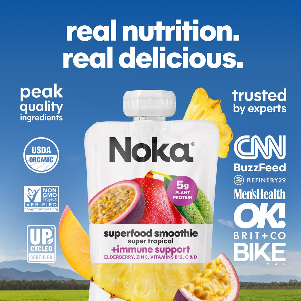 NOKA ingredientes naturales (mango, maracuyá, piña, plátano) resaltando origen orgánico