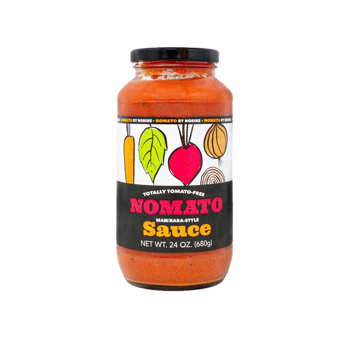 Nomato envase frontal 24 oz mostrando marca y color, opción sin tomate y segura